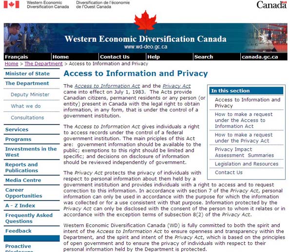 Screen shot image depicting the Access to Information and Privacy page on WD’s public website
