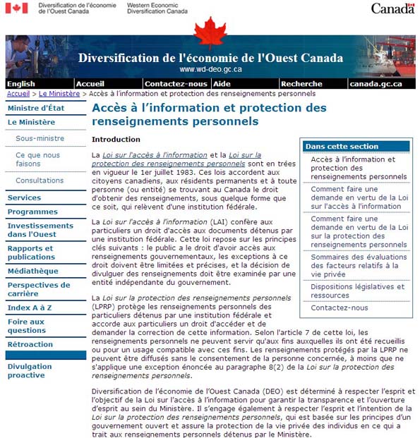Captures d’écran de la section sur l’accès à l’information et la protection des renseignements personnels du site Web public de DEO.