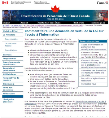 Captures d’écran de la section sur l’accès à l’information et la protection des renseignements personnels du site Web public de DEO.