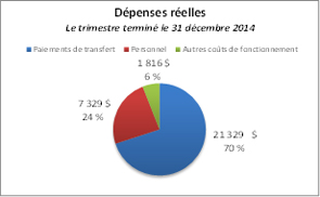 Ce diagramme à secteurs montre la répartition des dépenses réelles pour le trimestre terminé le 31 décembre 2014.