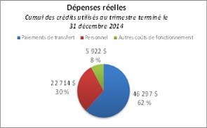 Ce diagramme à secteurs montre la répartition des dépenses réelles cumul des crédits utilisés au trimestre terminé le 31 décembre 2014.