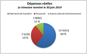 Ce diagramme à secteurs montre la répartition des dépenses réelles pour le trimestre terminé le 30 juin 2014