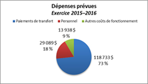 Ce diagramme à secteurs montre la répartition des dépenses prévues pour l'exercice 2015–2016.