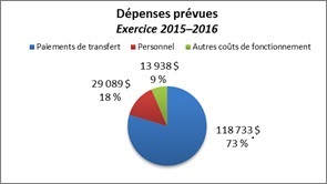 Ce diagramme à secteurs montre la répartition des dépenses prévues pour l'exercice 2015–2016.