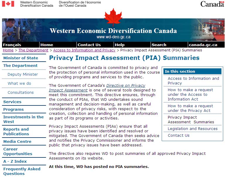 Screen shot image depicting the Access to Information and Privacy page on WD’s public website