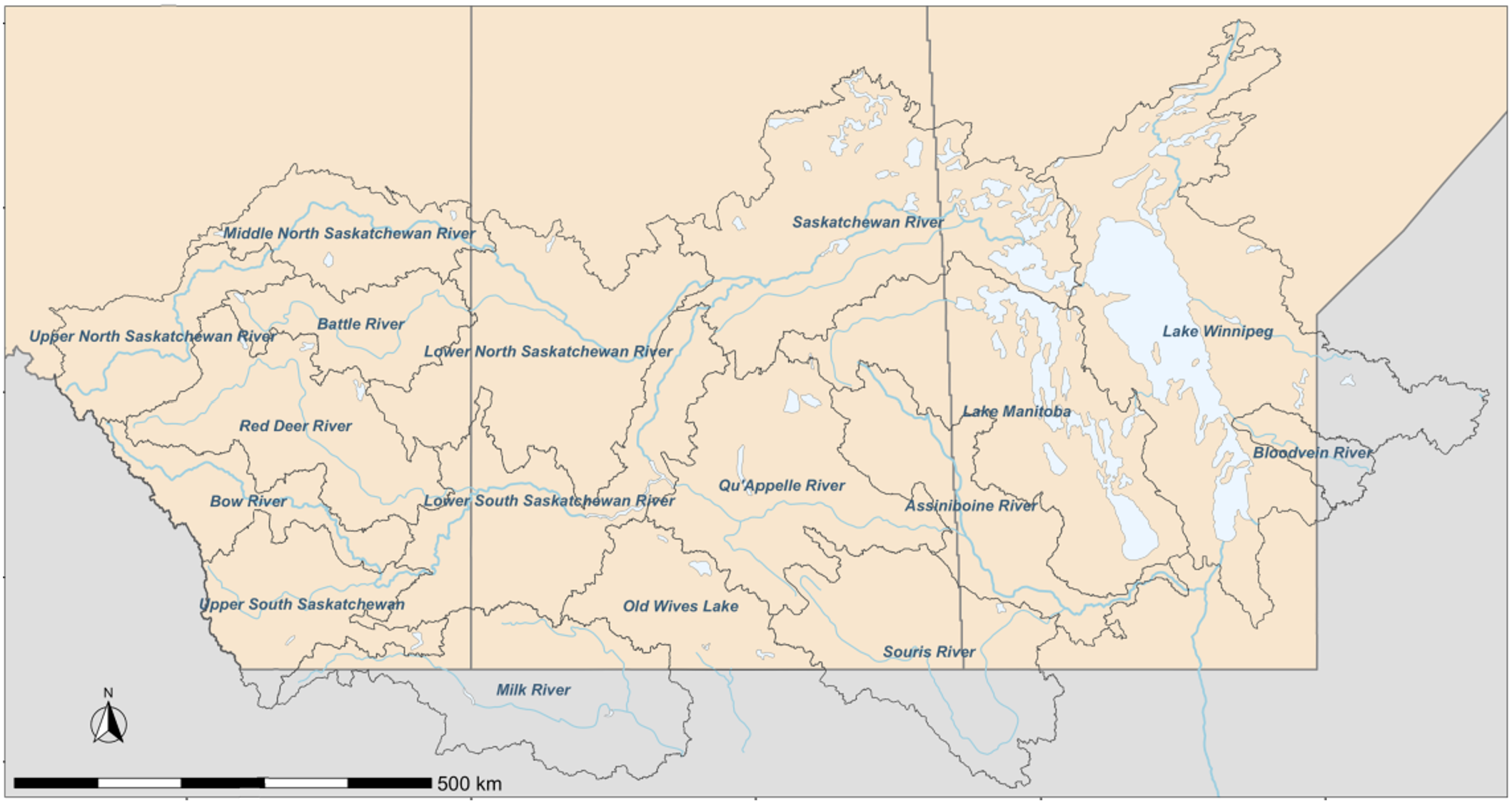 Carte de les sous-bassins de la région des Prairies