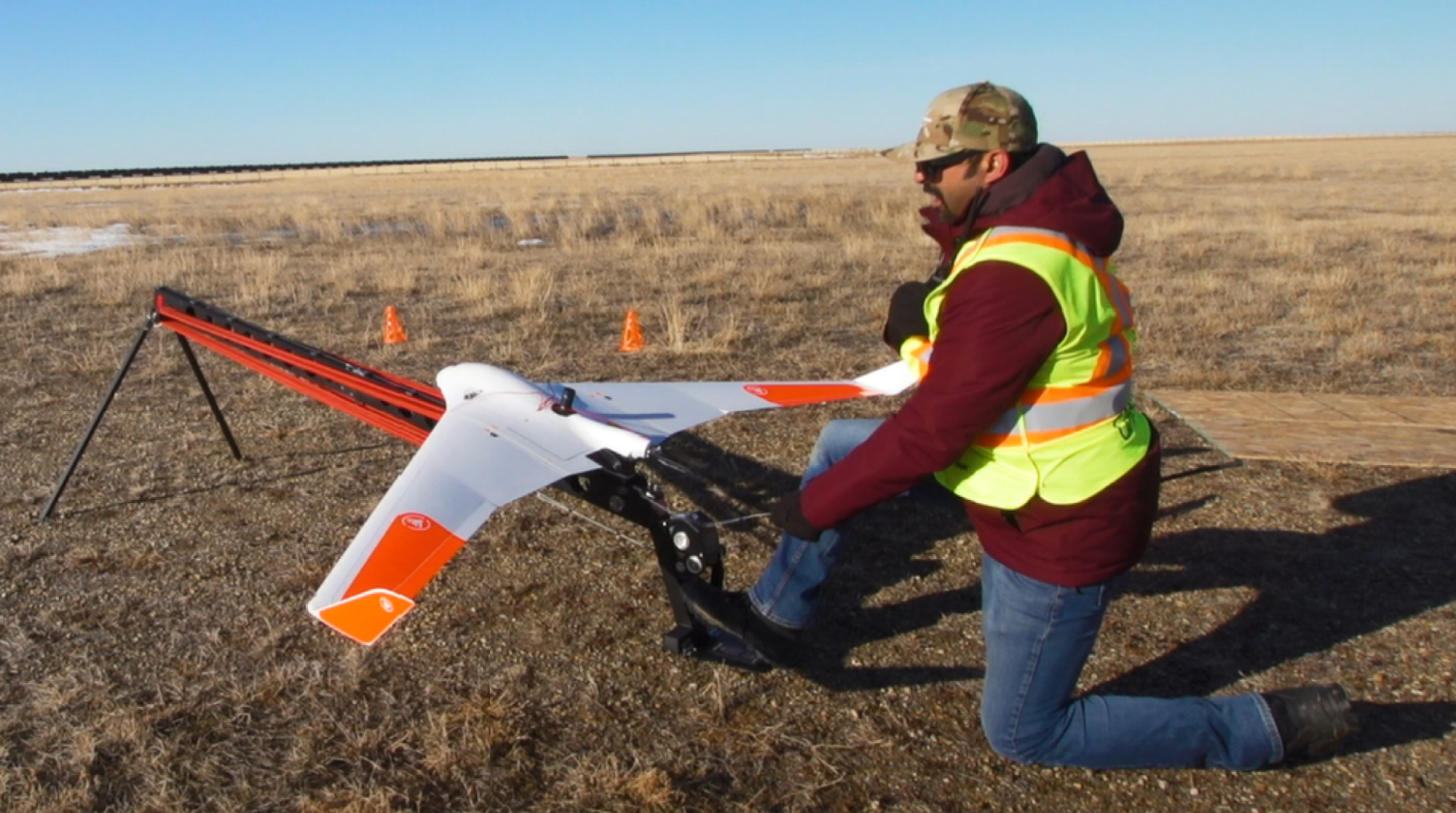 Winged drone is launched at the Foremost UAS Test Range.